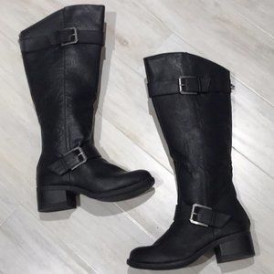 BLACK ROUND TOE MOTO BOOTS